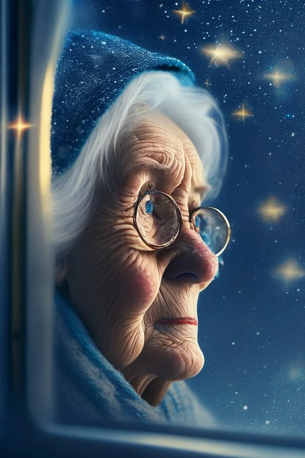 grandma elf , with background star field seen in the window of a boat, 4 k, trending art, depth of field