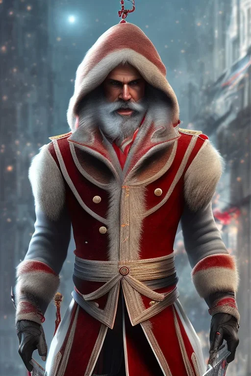 Santa Cruz with long Beard in red assassin Creed clothes, high details, cool 1800 city background,