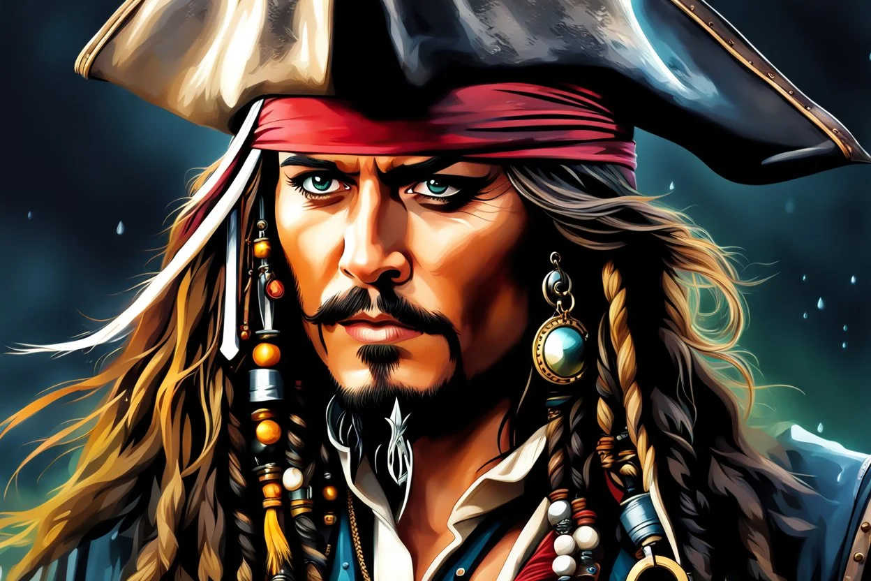 Johnny deep in 8k realistic anime drawing style, Jack Sparrow them, pirate custom, close picture, rain, neon, intricate details, highly detailed, high details, detailed portrait, masterpiece,ultra detailed, ultra quality