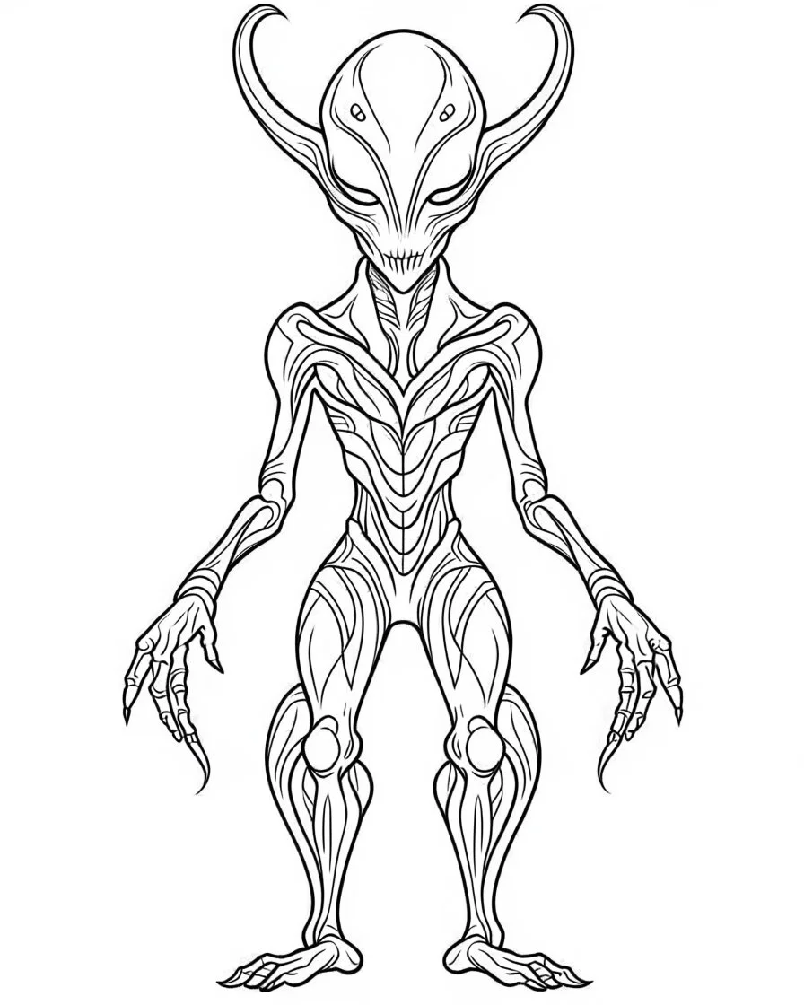 Alien coloring page, full body (((((white background))))), only use an outline., real style, line art, white color, clean line art, white background, Sketch style.