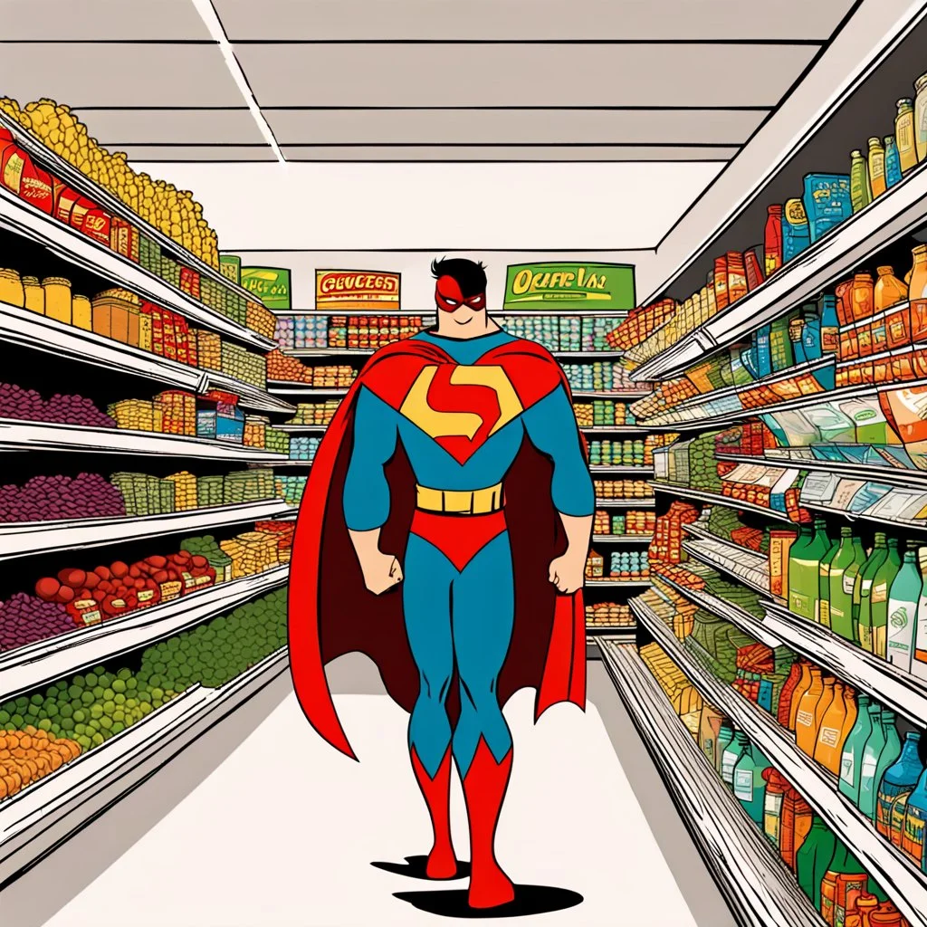 A superhero is shopping in a supermarket.