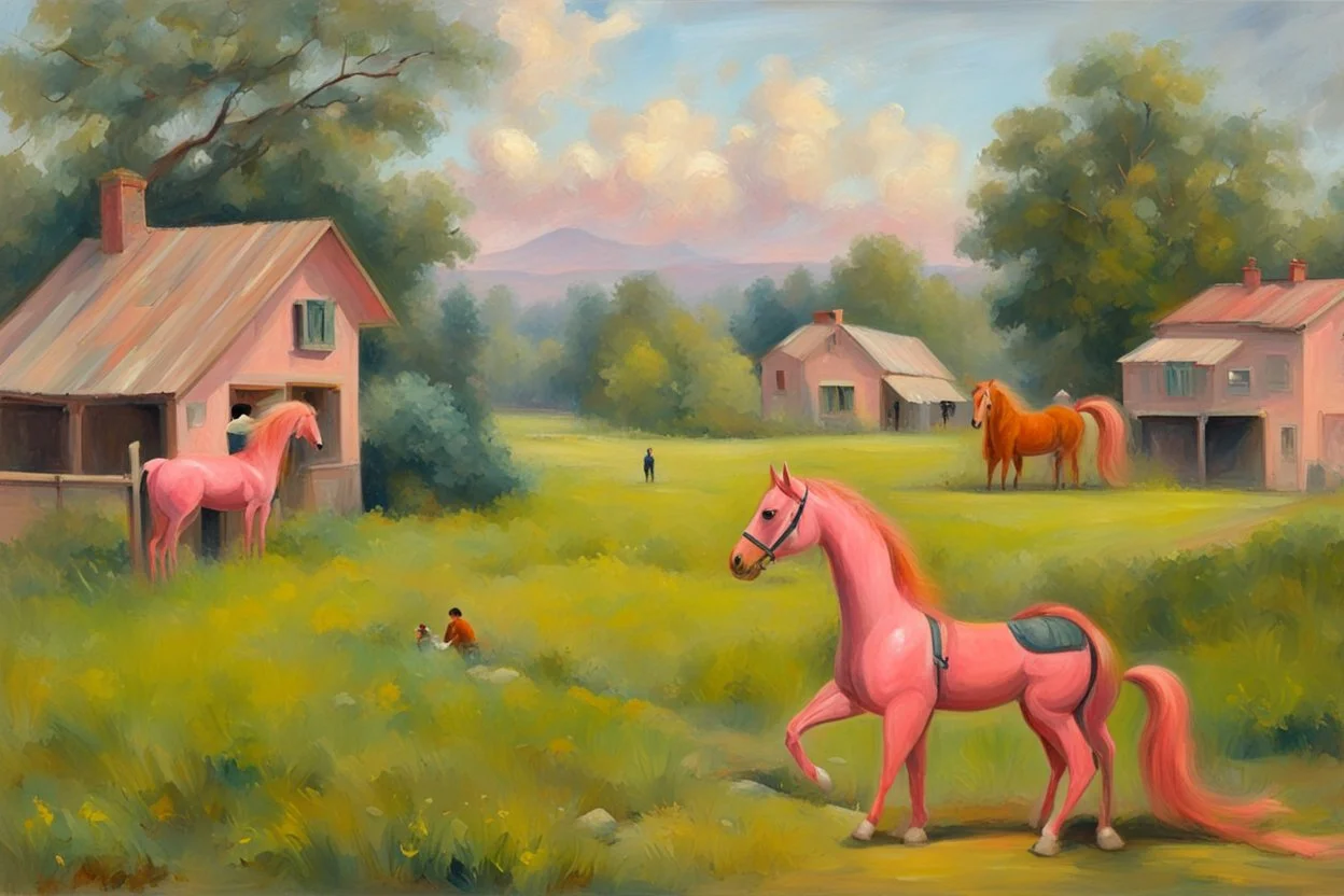 Big pink toy horse.19th painting