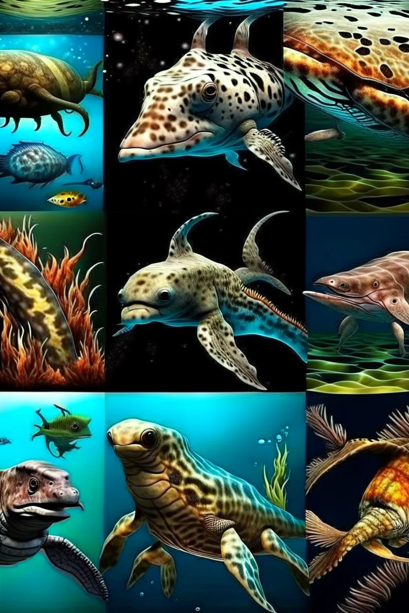 different variations of marine animals montage science book style