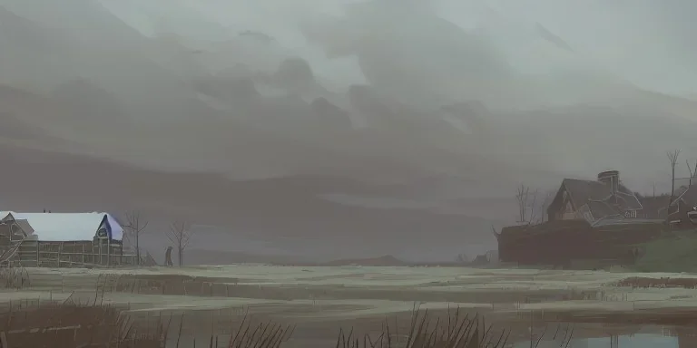 Small Cattle farm in a bleak vast empty cold land by a cold seaside