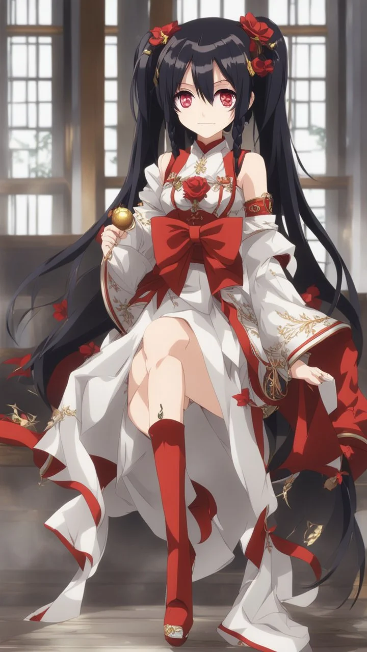 Tokisaki Kurumi appears to be elegant and has very polite manners, ivory skin and long, evil smile, crazy smile, black hair usually tied in long twin tails, deferent Eyes colors, right eye is red-tinted color, left eye appears as a golden color, inorganic clock face, a girl with astonishing beauty, wearing her astral black and red dress 'Elohim', left golden eye, intricate details, highly detailed, date a live anime art style