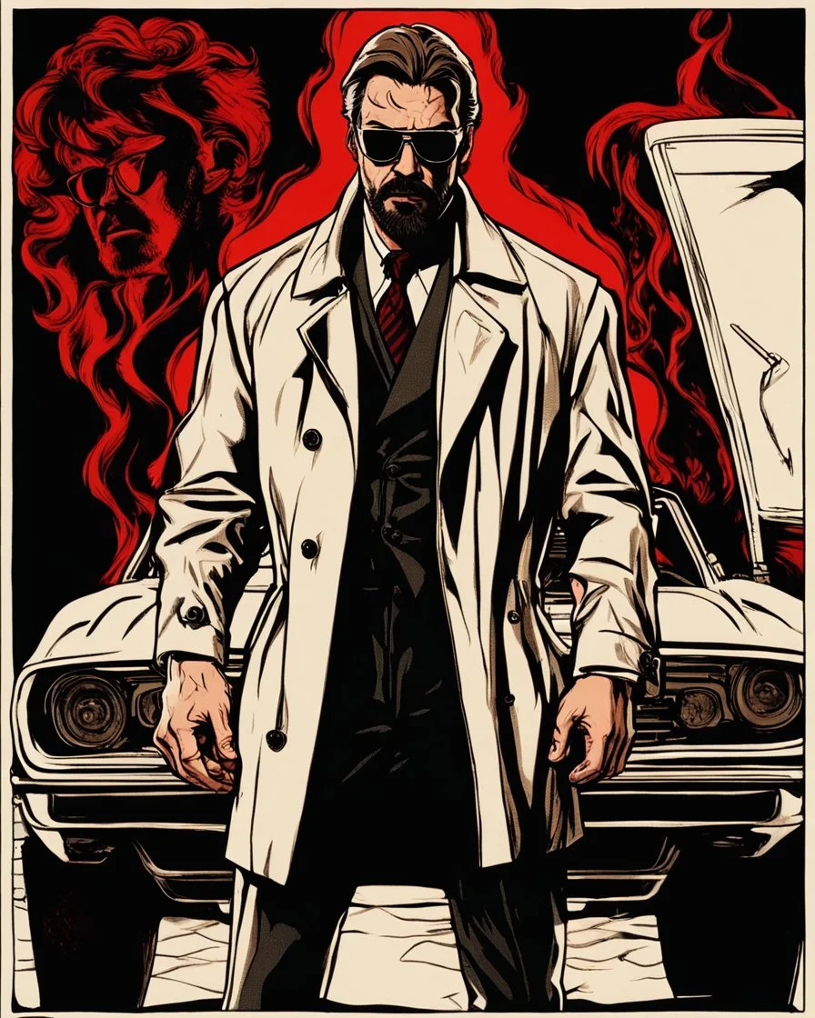 a young man with big muscles who looks like hans gruber wearing a trench coat and red sunglasses staring with an irritated look on his face standing in front of a large fire