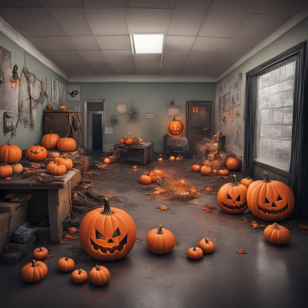 A scary Halloween room at school with nasty pumpkins and everything that belongs to Halloween