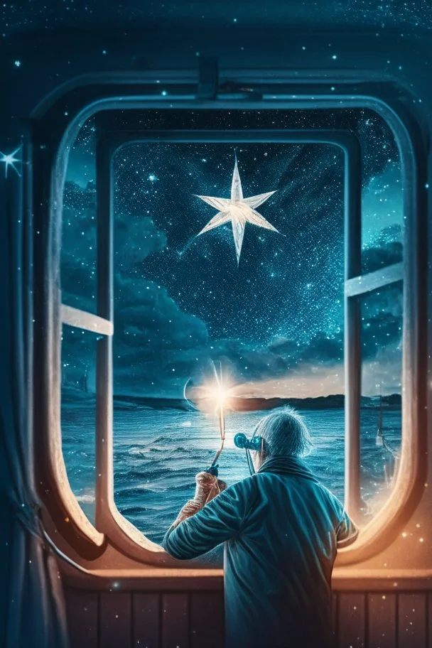 doctor cutting binoculars off patient , with background star field seen in the window of a boat, 4 k, trending art, depth of field