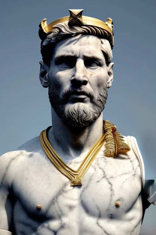 Realistic image, Roman sculpture made in white marble with gold veins, Lionel messi with gold laurel leaves crown, two blue brushes, decorative star on the chest, waist up portrait, marble material, gold ornaments, Baroque style, sun rays background, epic, celestial, cinematic lighting, God lights, 4k resolution, smooth details, soft lighting, unreal engine 5, art station, substance 3d.