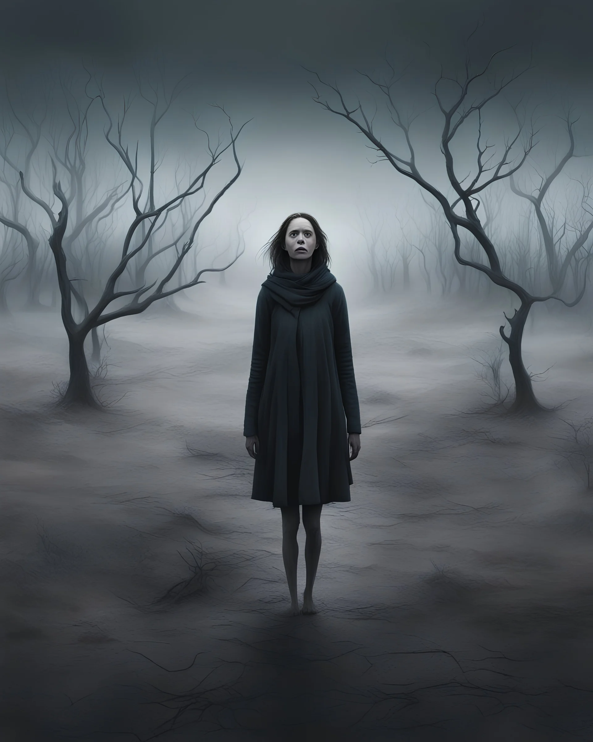 an expansive eerie digital illustration shows a stick thin woman her legs like 2 brittle branches(looking at at the viewer:1.5) and walking towards the camera, chilly dark mood, (bare midground:1.3). The model's expressionless face bears the weight of the extreme emotions she has endured to reach this point, her banishment means constructed from surreal-looking donuts, cakes, and crumbs