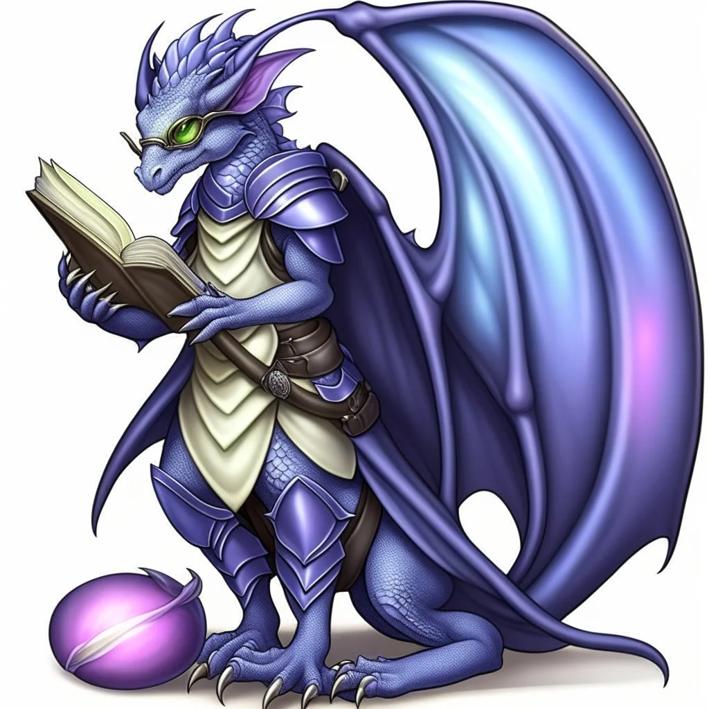 A dragonoid human with grey scales and large glasses along with a long, flexible tail, studying a magical shield