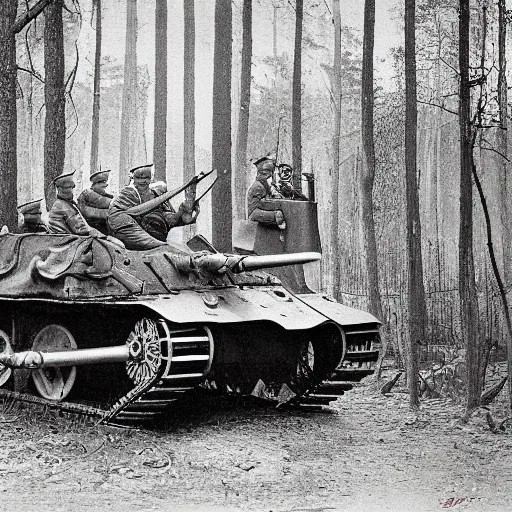 ww1 german tank with soldiers in a forest medieval print black & white