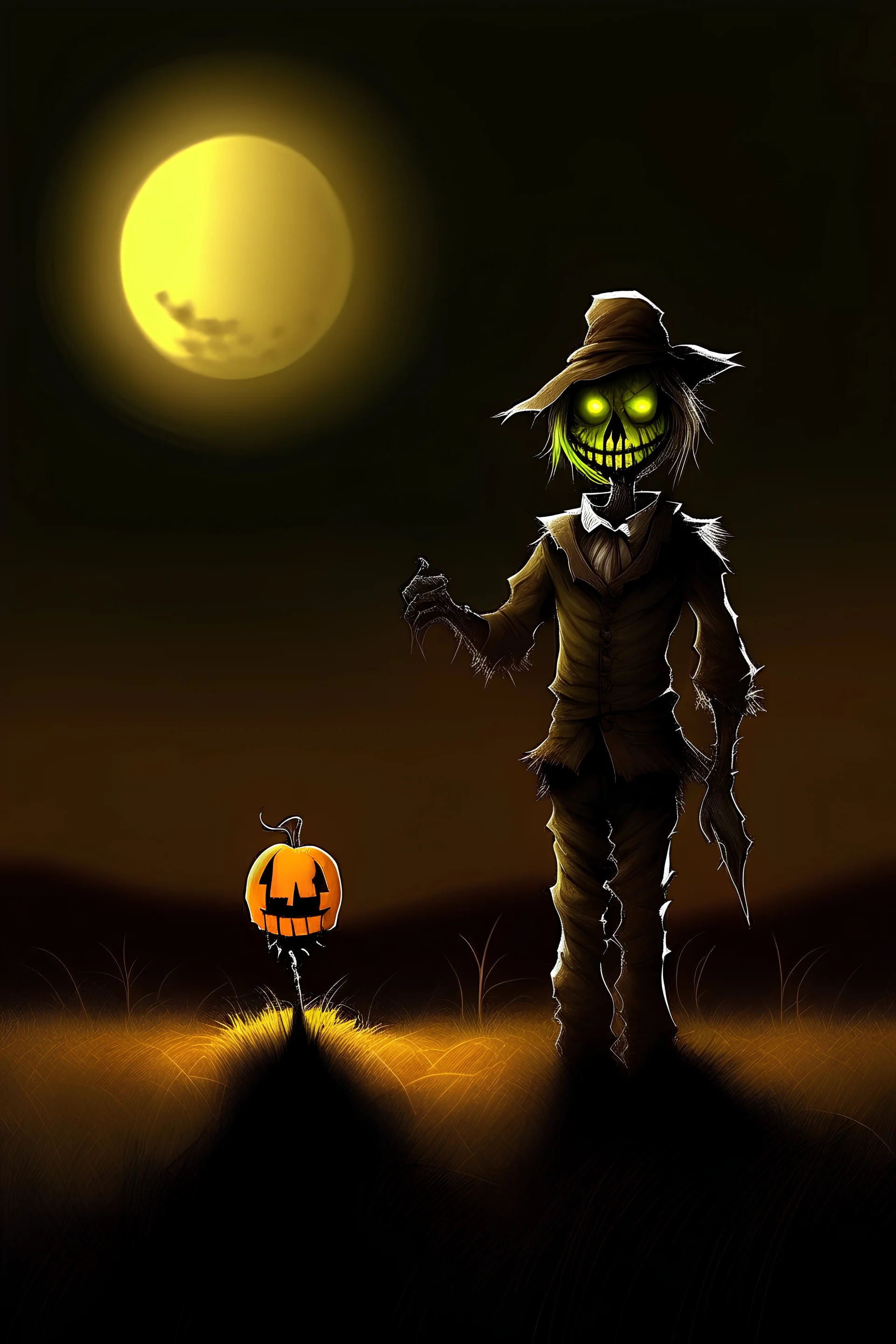 standing up scarecrow with pumpkin head, on a wide field with a lil mouse sitting in the moon glow.