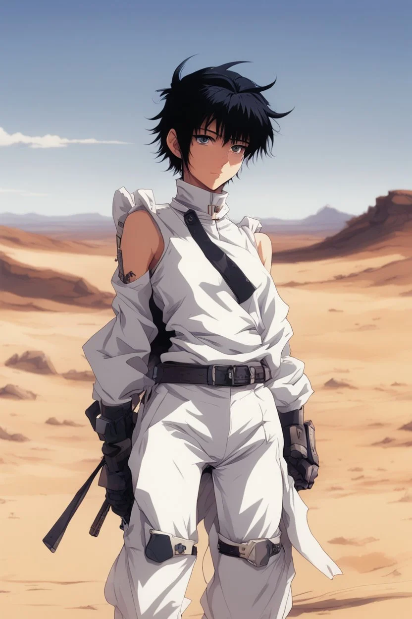 Meryl Stryfe Trigun young girl short black hair anime white clothes standing in the desert