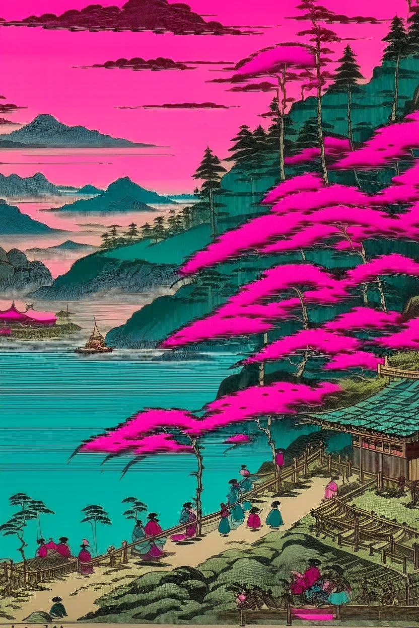 A purplish magenta Swedish resort painted by Utagawa Hiroshige