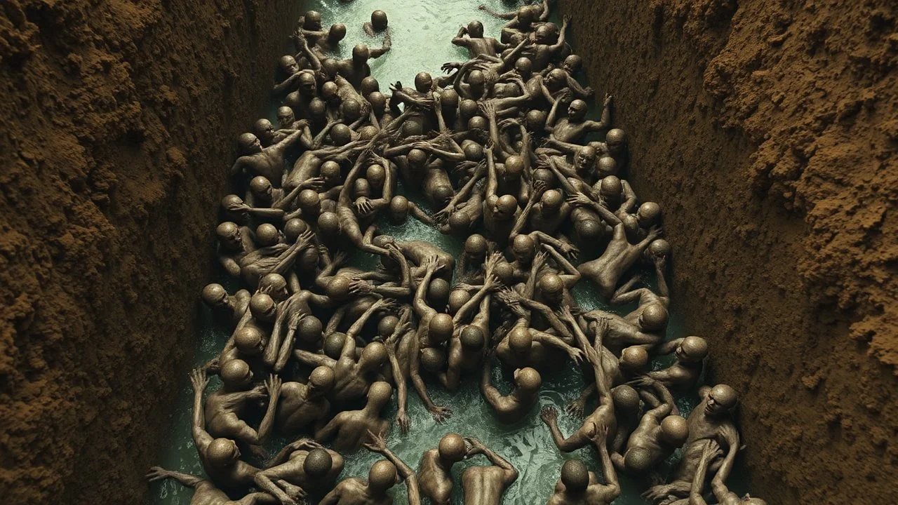 A mass of zombies fighting, tangled and intertwined, inside a river between two vertical walls of earth and mud. The first scene is oppressive and claustrophobic.