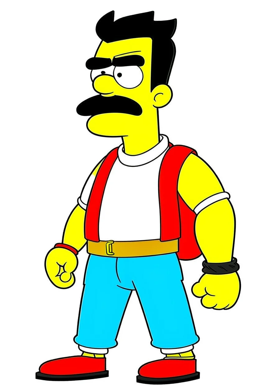 The Immortal from Invincible mixed with the face and moustache of Uncle Grandpa from Cartoon Network, he also has Homer simpsons hair. He has a red fannypack on the exterior of his outfit.