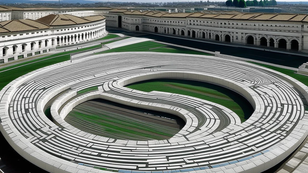 A white racetrack with boosting cars designed in ancient Roman mosaics painted by Zhang Lu