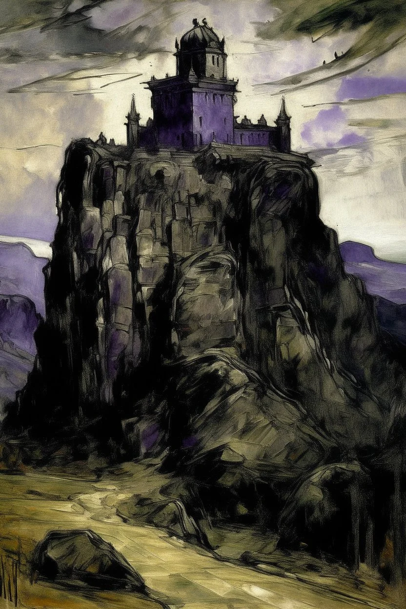 A purplish black fortress on a mountain painted by Auguste Rodin