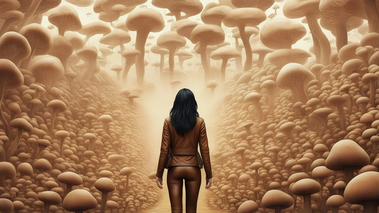 woman with black hair, in light brown leather trousers and jacket, walking through a forest of Alien mushrooms with jellyfish tentacles, photorealistic, Deep Colour, Intricate Detail, Dune