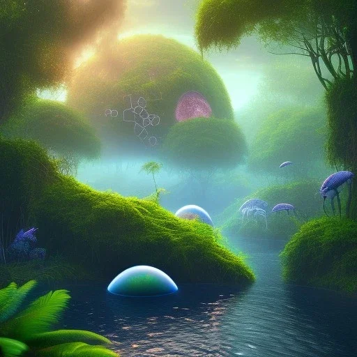 starting of life on earth, beginning, cells, microbes, sunrise, water, tropical jungle, plante, evolution, photorealistic