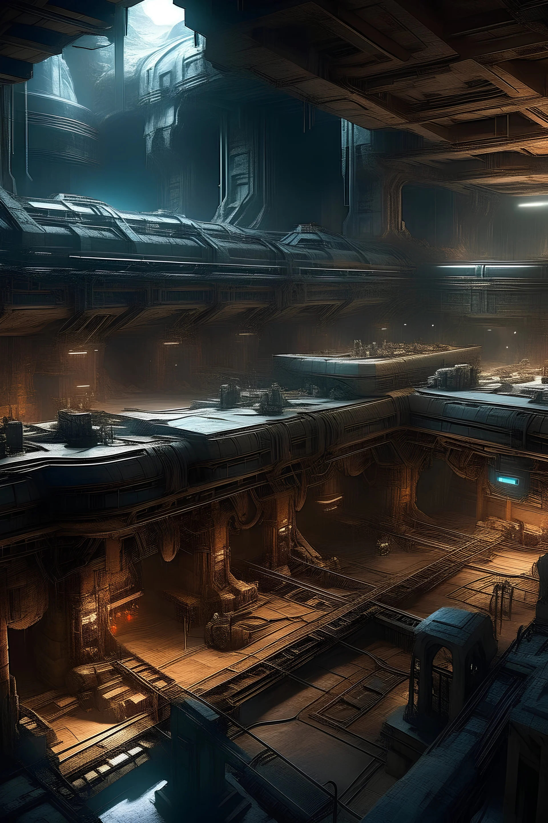 detailed overview of an underground futuristic city with a bustling munitions factory located inside a huge cavern