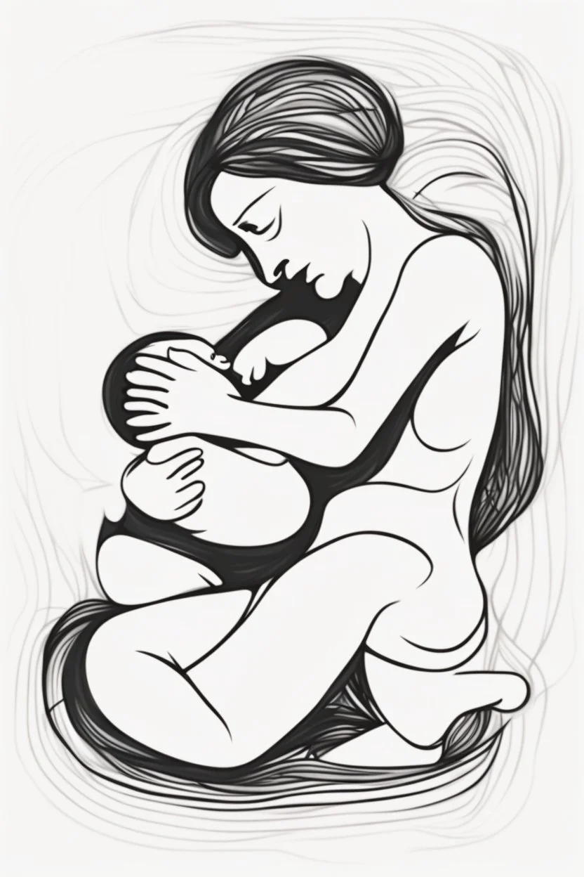 Abstract Picasso style drawing of a woman making pilates with a baby. No faces. Outline only