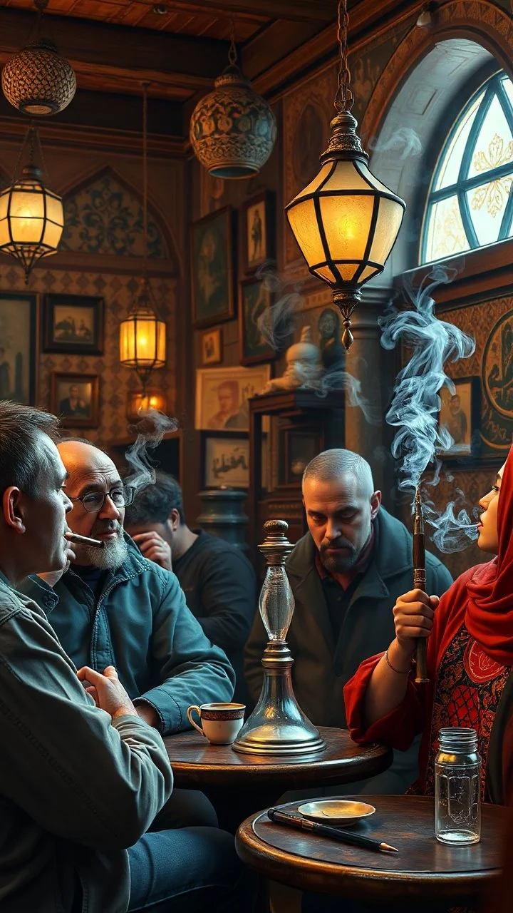 Bosch painting style nightmare , 3D , people are smoking Hookah in a cafe with middle eastern decor on the background, high Quality picture , 8k