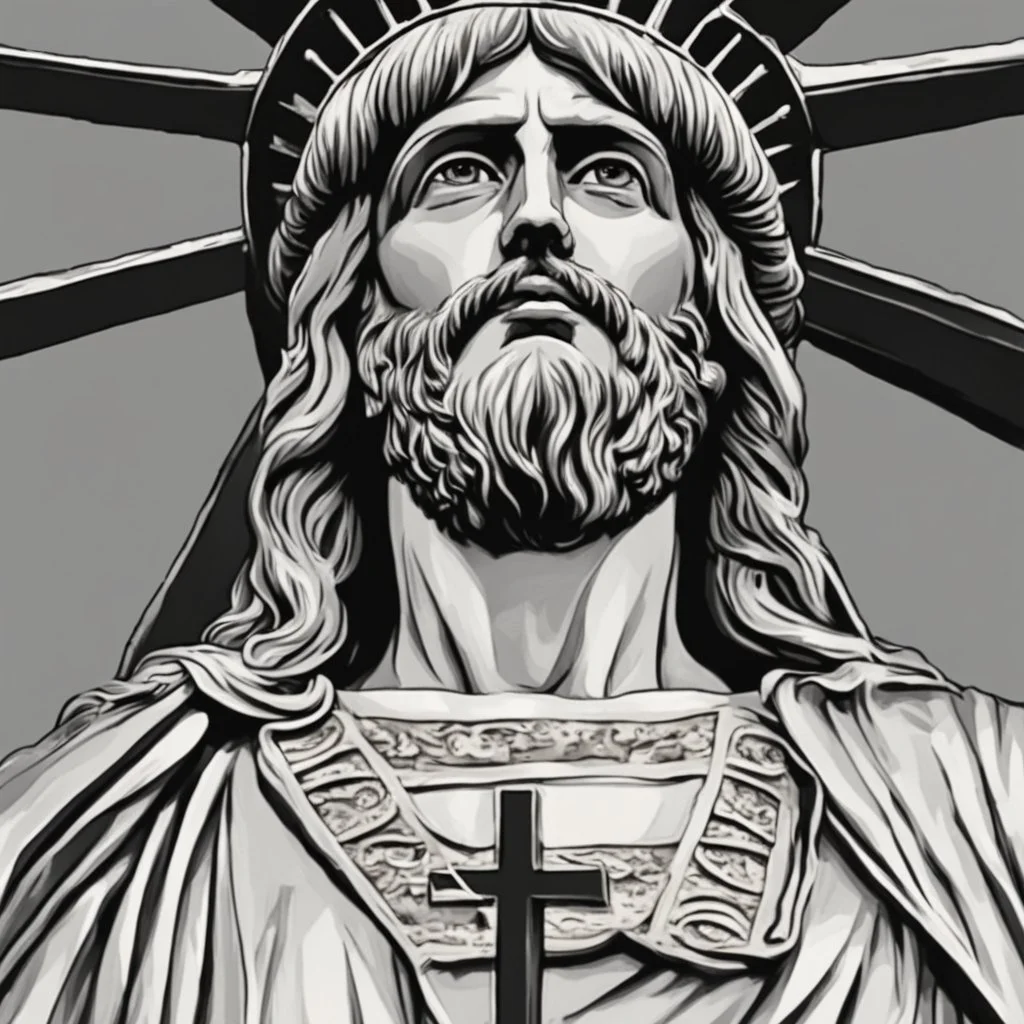 line toned, hedcut, wsj style, statue of cruicified Jesus of Liberty with a beard and wearing a cross and hanging from a cross, The statue male, hyperdetailed intricately detailed photoillustration ink drawing dystopian 8k resolution entire body of the statue is in the picture. digital illustration telephoto lens photography , same colors as the us treasury's one dollar bill, crucified"