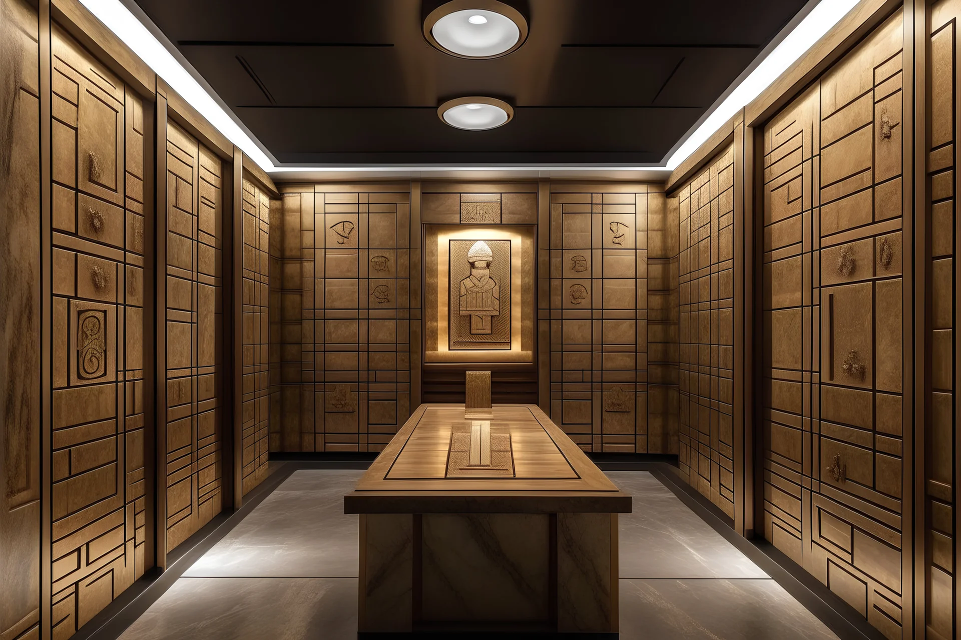 A three-dimensional meeting room divided into three walls with wooden panels engraved with Pharaonic hieroglyphics, with hidden lighting inside the wooden panels, alternating with marble panels cladding.