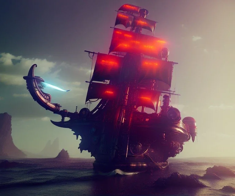 pirate ship, futuristic, metallic, laser cannons, lava ocean