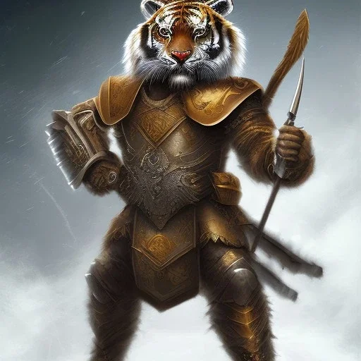 Tiger with warrior costume and a weapon