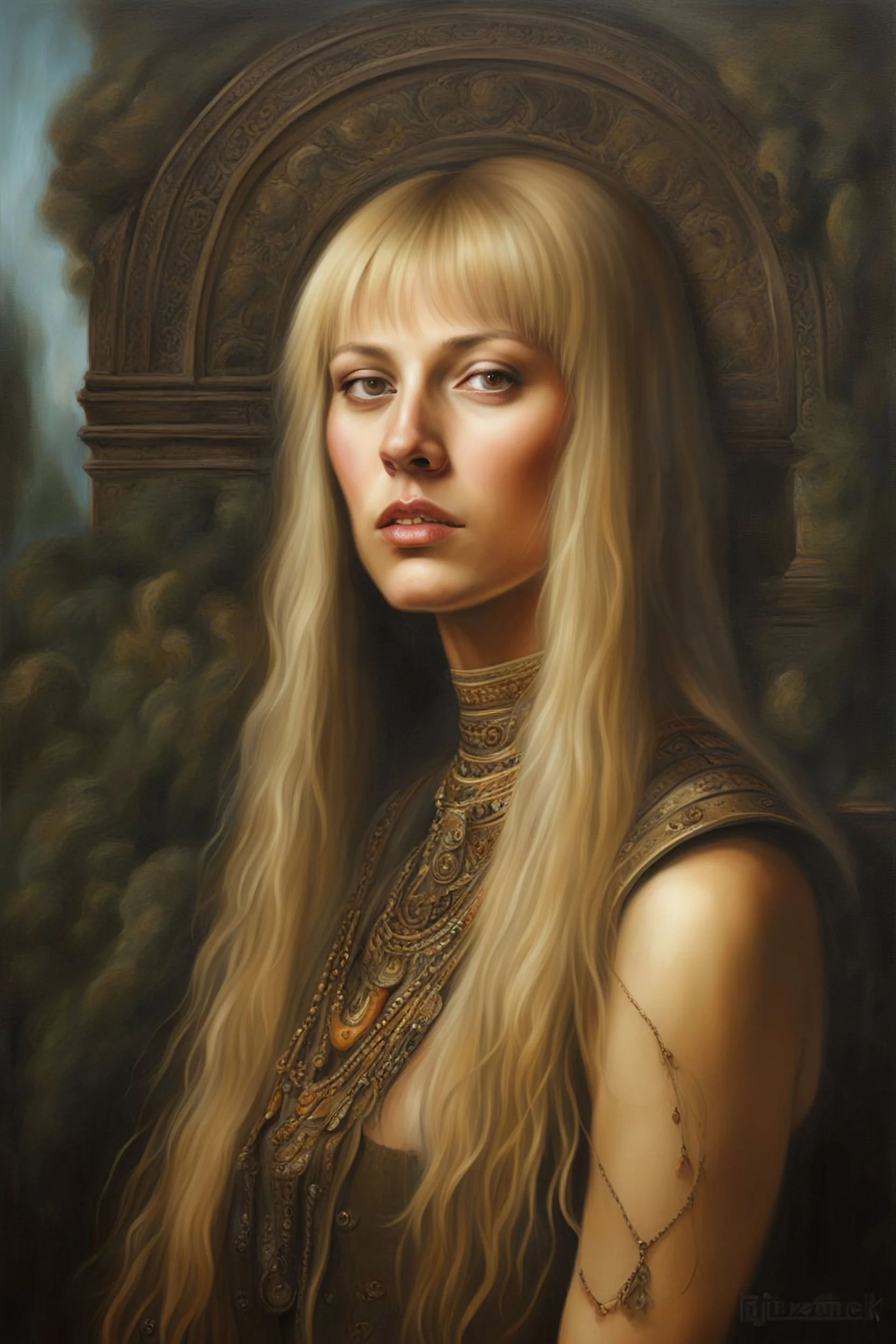 realistic stock photo, Realism engine, General Fast V2 (Flux), Create a realistic image of a female with long, straight blonde hair, the bangs cut straight across the forehead, hazel eyes, oil on canvas in the style of Boris Vallejo, Frank Frazzetta, Leonardo da Vinci, Julie bell, 4k, 8k, 16k, 32k. 100k UHD