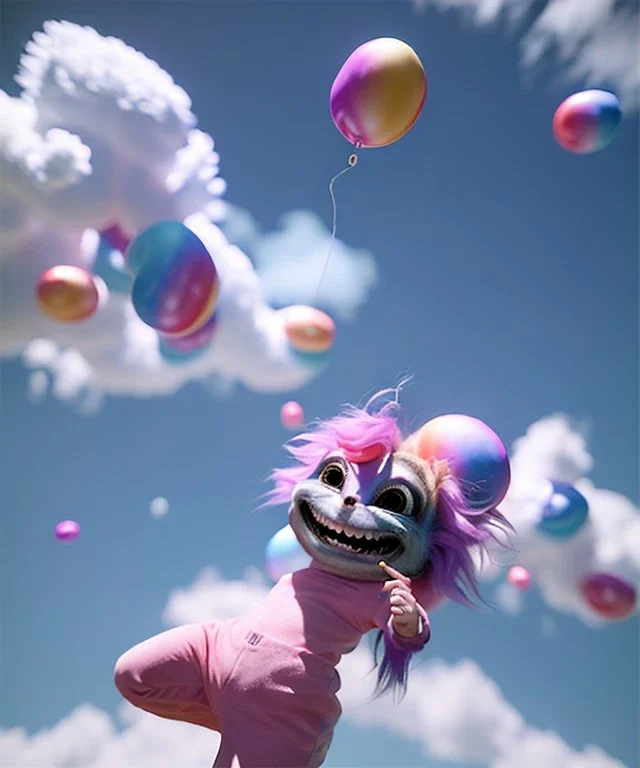 Ultra realistic clouds sky scene, wide angle, sweet childs falling down, inflatable color clothing, free jumping flying, many trinkets, monster hair, hair monster, many jelly beans, balls, smile, happy, circus style, extreme, wind, clouds sea, 20,000 feet altitude, stratosphere, soft color, highly detailed, unreal engine 5, ray tracing, RTX, lumen lighting, ultra detail, volumetric lighting, 3d, finely drawn, high definition, high resolution.