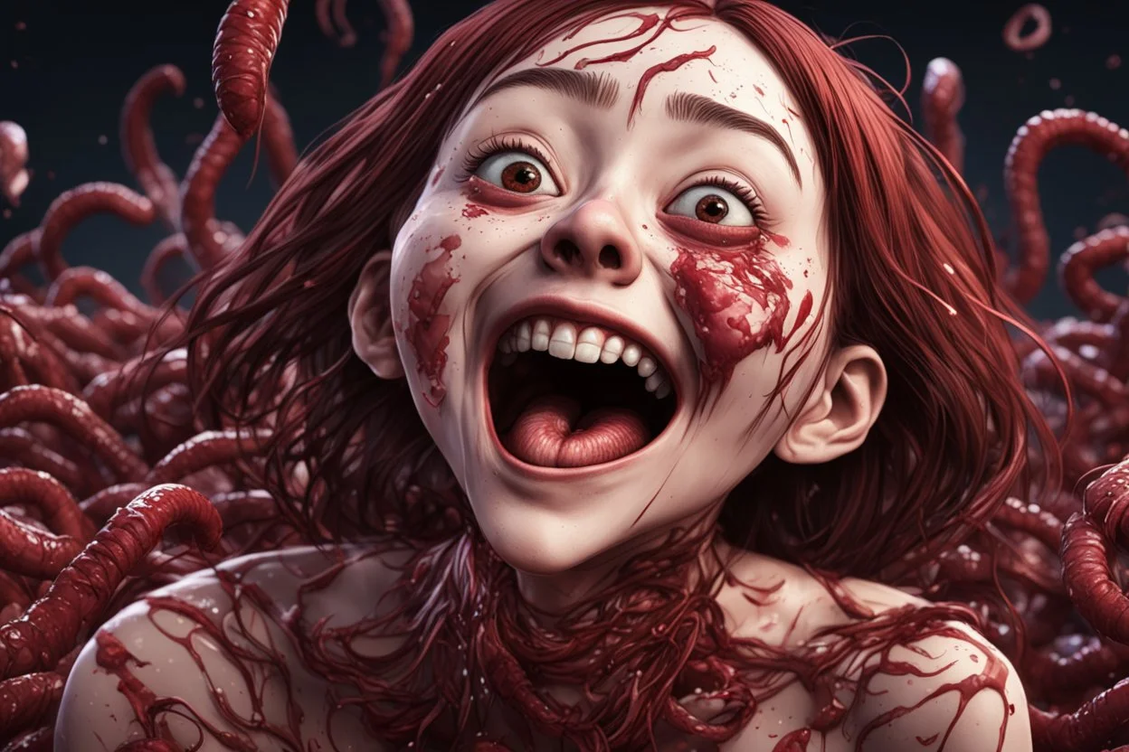 Woman with rare eyes,smiling meanwhile many worms streaming from his mouth, face distorted with pain, screaming, tears streaming, siting pose, fullbody, Junji Ito style, darkred tones,high detailed, 4k resolution, digital paiting, cute, art, no background 3d pixar disney the cinematic FKAA, TXAA, and RTX graphics technology employed for stunning detail.