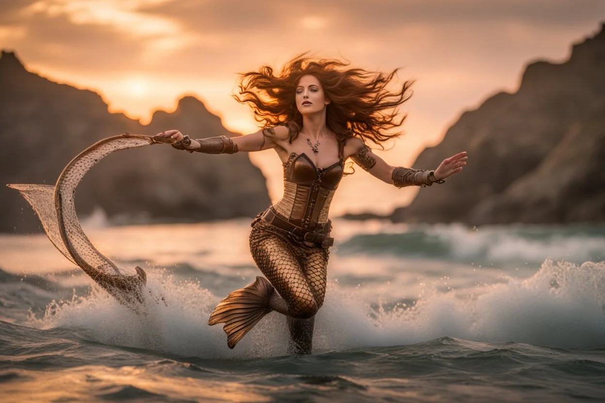 the most Beautiful steampunk Mermaid, jumping out of the Ocean at sunset