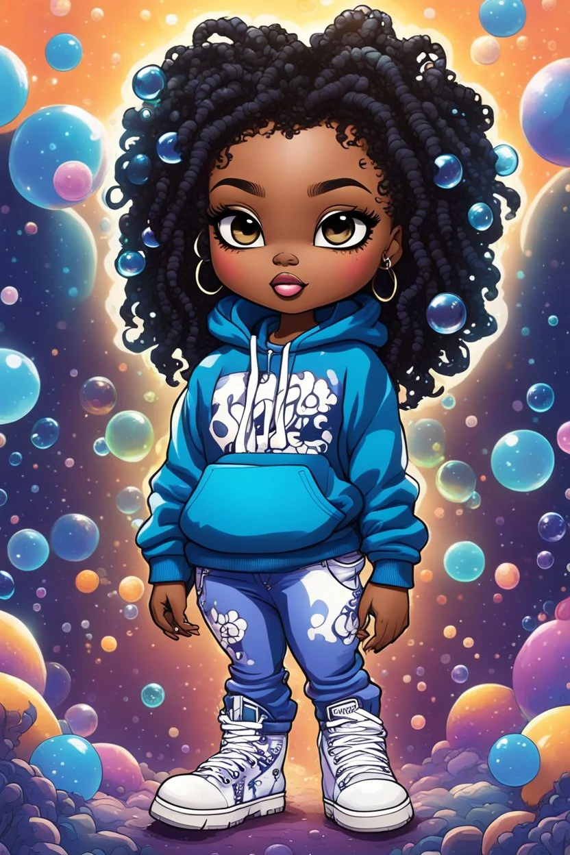 Create an colorful psychedelic comic book illustration of a chibi cartoon black female thick curvy wearing a cut of blue and white hoodie and white jeans and timberland boots. Prominent make up with long lashes and hazel eyes. Highly detailed shiny sister locs. Background of a large bubbles all around her