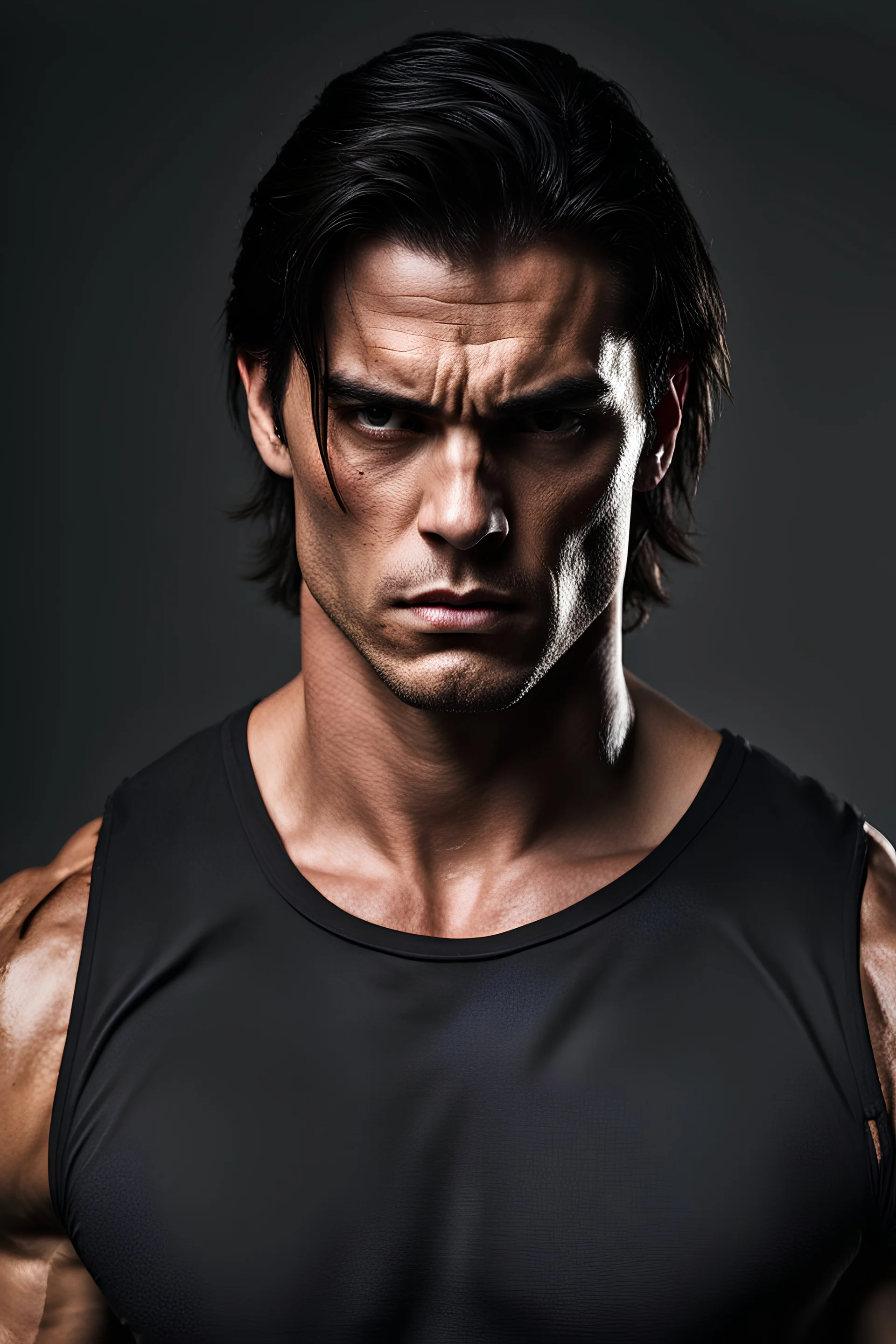 Portrait of a 35 year old muscular evil male with medium length dark hair, with jagged scars on his face. scowling expression, wearing a tight fitting teeshirt