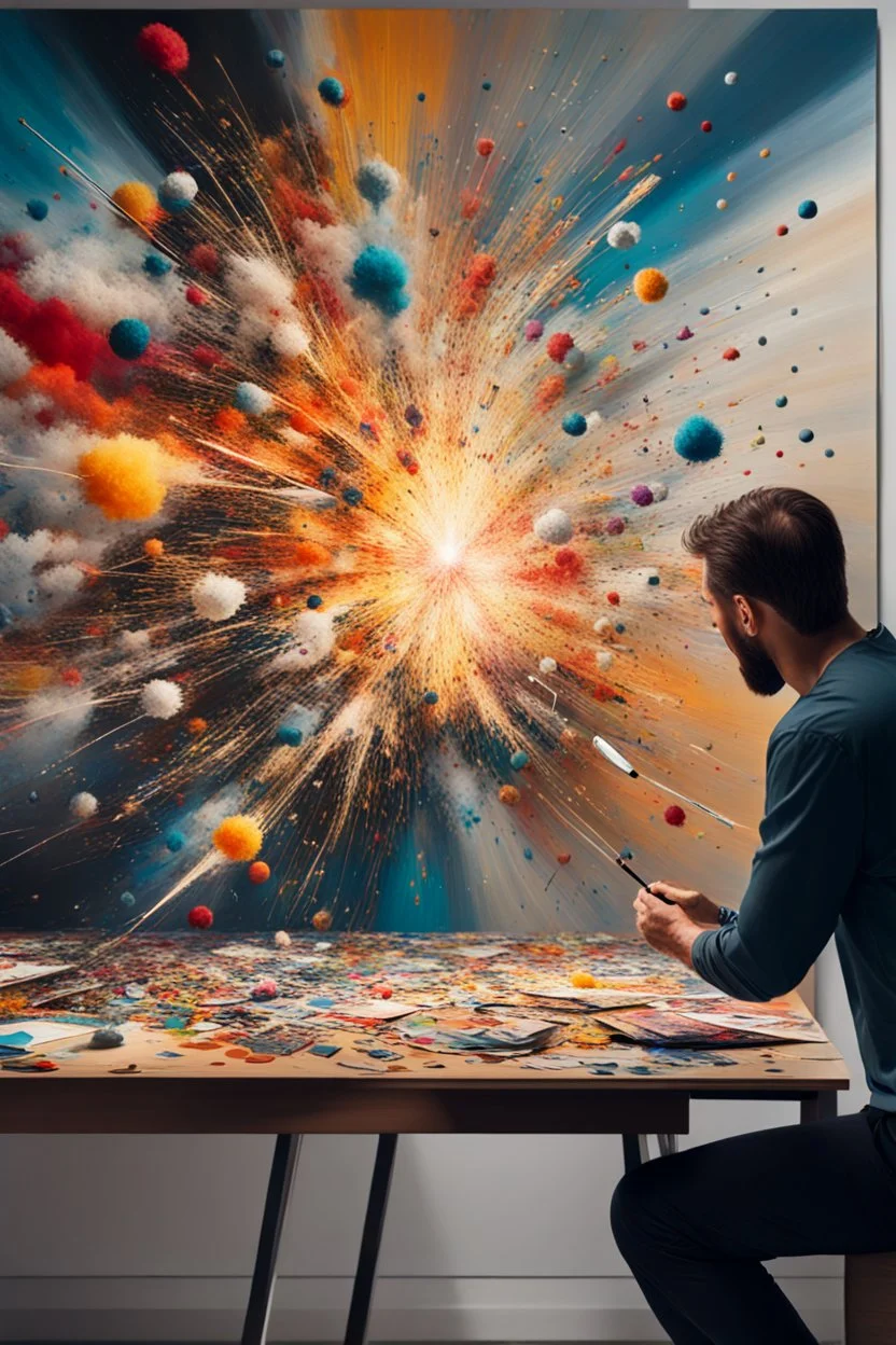 Close up of An artist looking at his canvas painting, the painting is exploding towards him with like scattering memories and images that was painted and coming out of the painting, abstract, surrealism,weird,8 k, , high quality