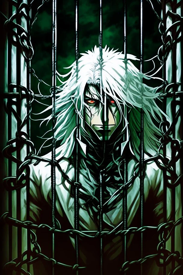 Wagnard Record of Lodoss War, oldschool, insane, ghost in the shell art style, in the art style of Record of Lodoss War, Dark Fantasy, dark knight, tied up in cage, male, white hair,