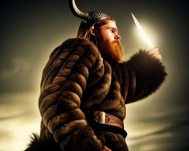 a sad and lonely viking looking up at the stars at night, hyper realistic, 8k, insane detail, atmospheric background, crying eyes, big fur coat, long braided hair, sharp focus, soft background, dynamic lighting, viking helmet, night time