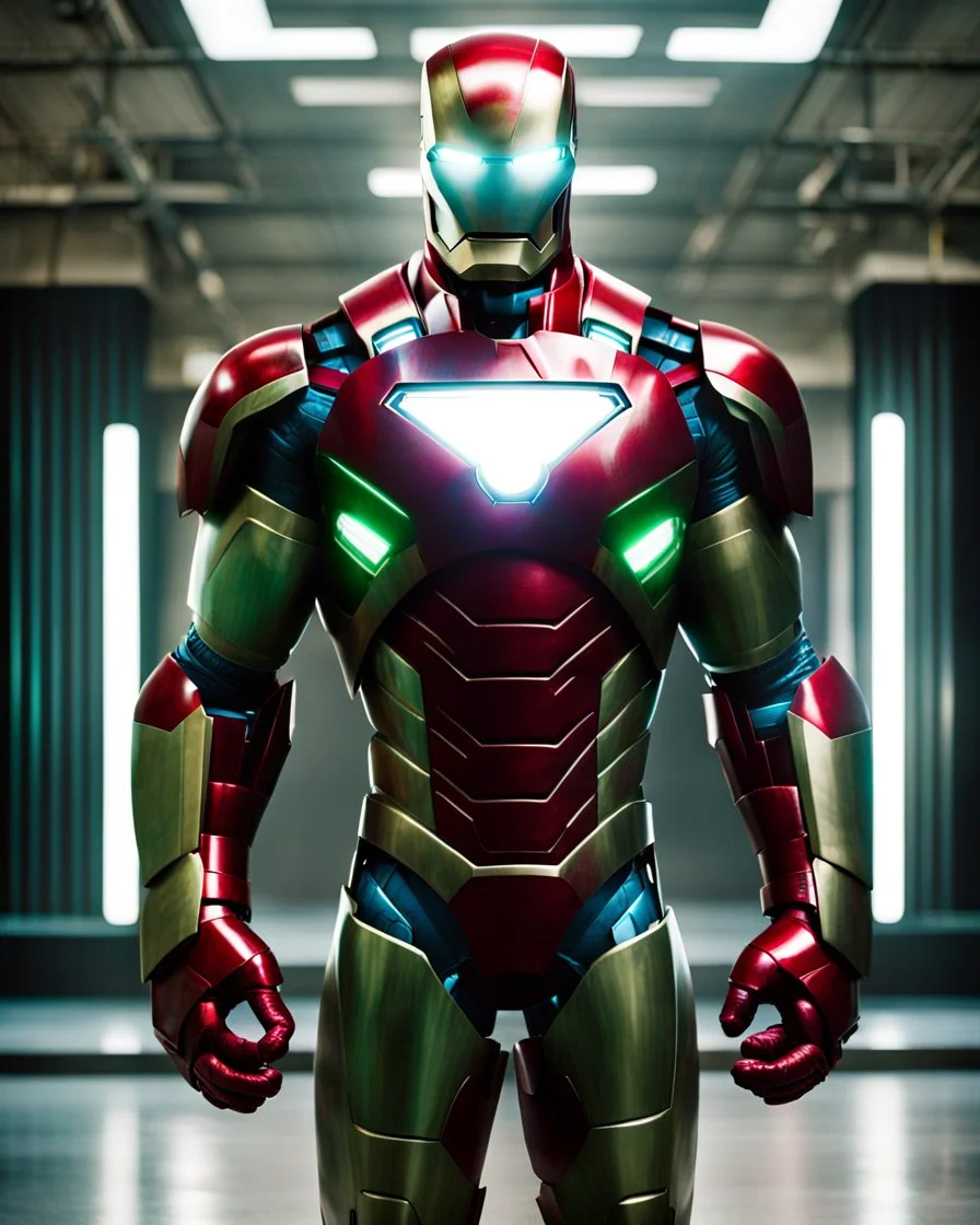 Super IRONMAN armor, kryptonite powered, built by wayne enterprises, designed by stark industries