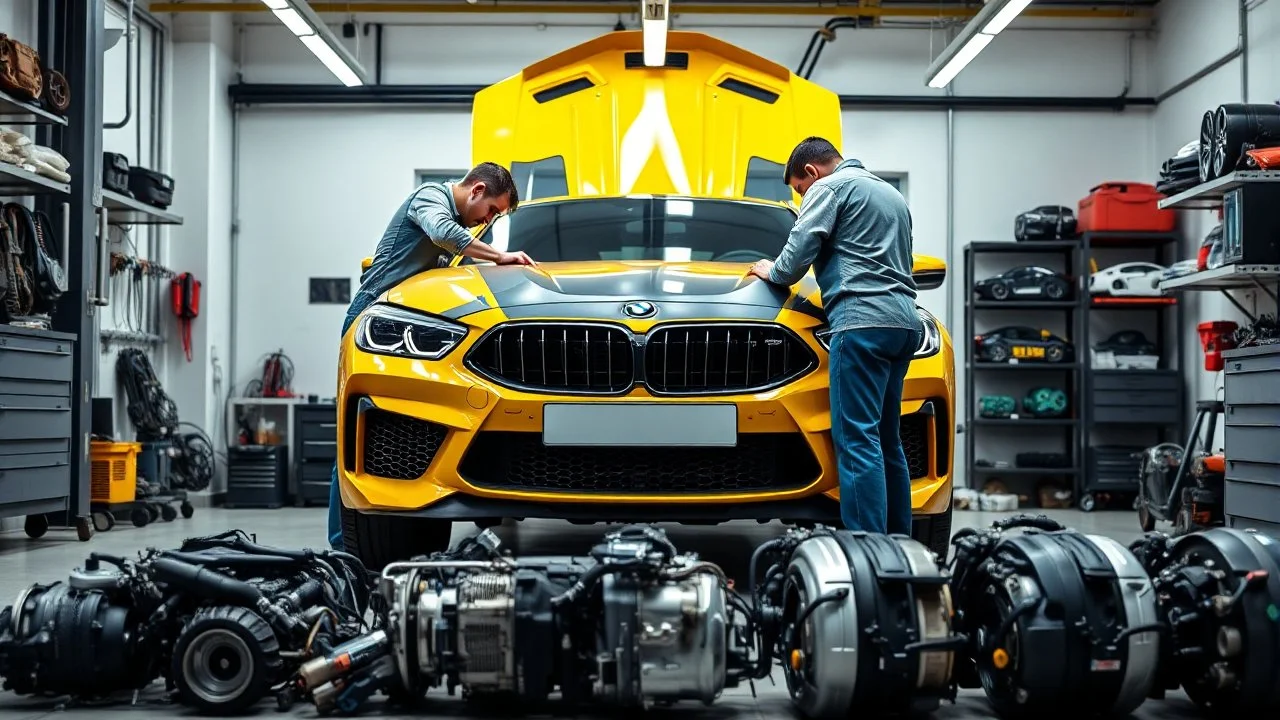 A car repair shop where two people in work clothes are repairing a yellow BMW M6 series with an eye-catching theme in a sophisticated and special repair shop where a collection of car engine parts is arranged on the floor at the bottom of the image.