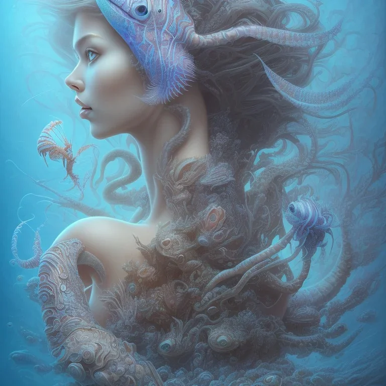 sango fantasy, fantasy magic, intricate, sharp focus, illustration, highly detailed, digital painting, concept art, matte, artgerm and paul lewin and kehinde wiley, masterpiece sexy lips African lady body mermaid lionfish head turquoise space lady beach sea under water mermaid seaweed