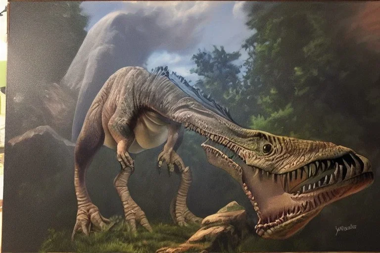 Photorealist painting of dinosaur with a giant penis