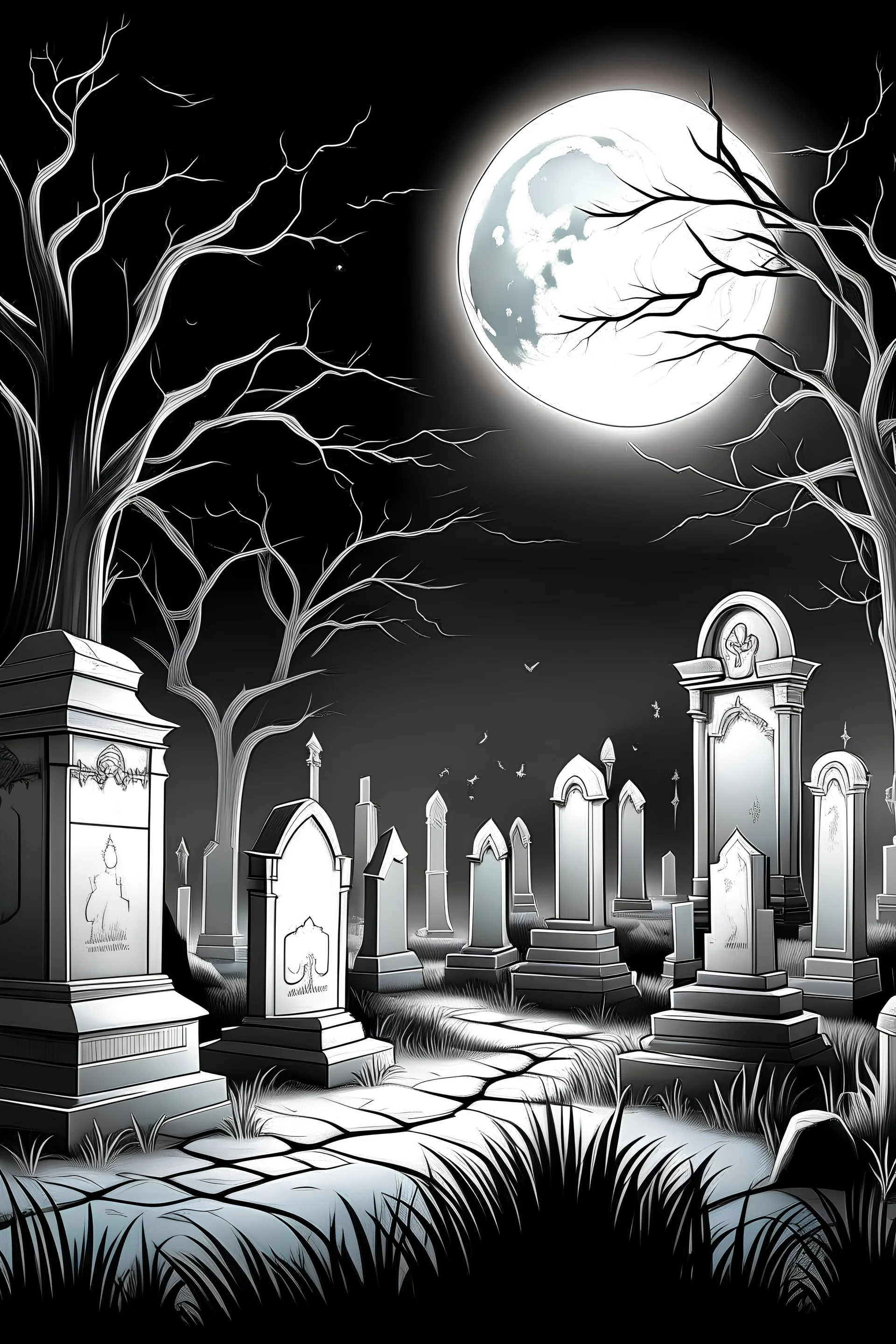 coloring page black and white of A haunted graveyard under the light of the full moon, with eerie mist swirling around ancient tombstones and ghostly apparitions emerging.