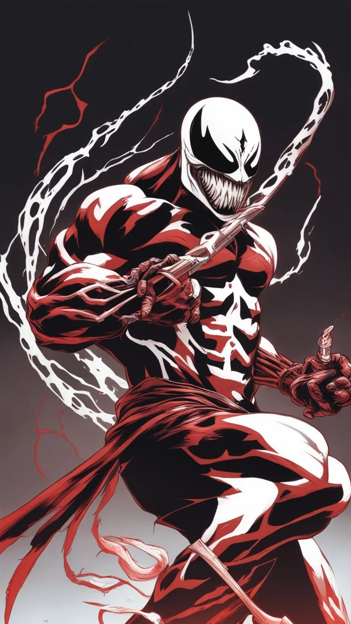 A close picture of Venom symbiote as ghost of Sparta red tattoos and Clothes, holding blade of choice