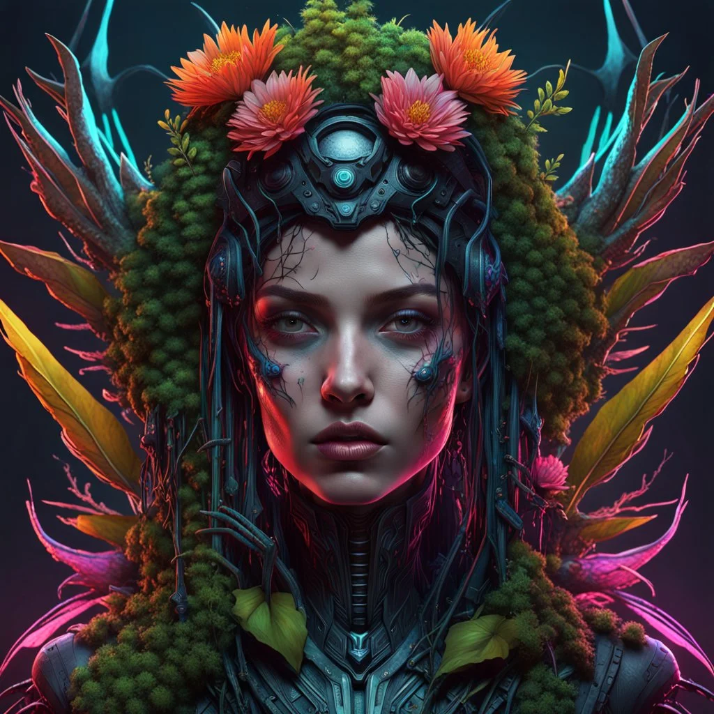 Expressively detailed and intricate 3d rendering of a hyperrealistic: woman, cyberpunk plants and flowers, neon, vines, flying insect, front view, dripping colorful paint, tribalism, gothic, shamanism, cosmic fractals, dystopian, dendritic, artstation: award-winning: professional portrait: atmospheric: commanding: fantastical: clarity: 16k: ultra quality: striking: brilliance: stunning colors: amazing depth