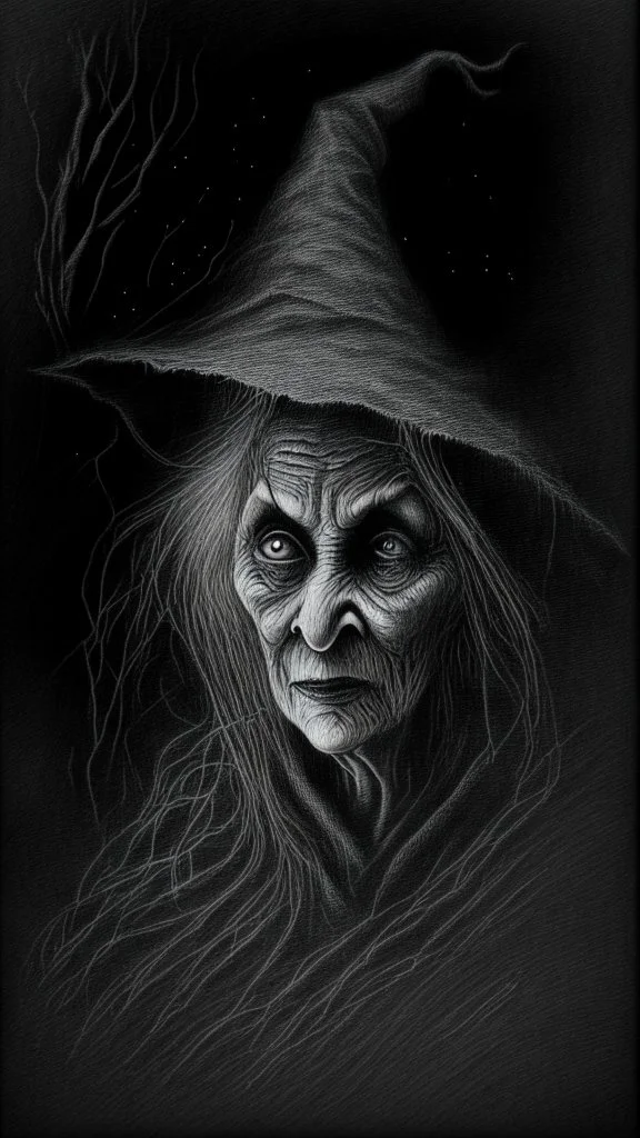 pencil drawing of old witch, Spooky, scary, halloween, black paper