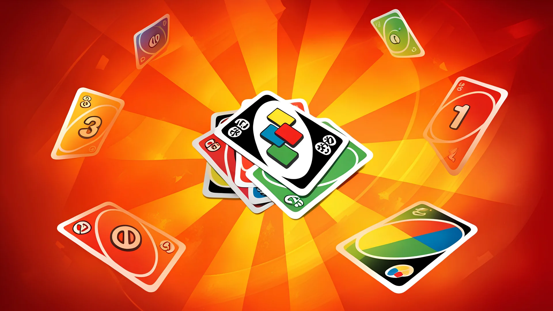 Create a vibrant and engaging image for Uno cards themed slides. Include iconic Uno card elements such as colorful numbers (0-9) and action cards (Skip, Reverse, Draw Two, Wild). Use a balanced composition and vibrant color palette to make the image visually appealing for presentation slides.